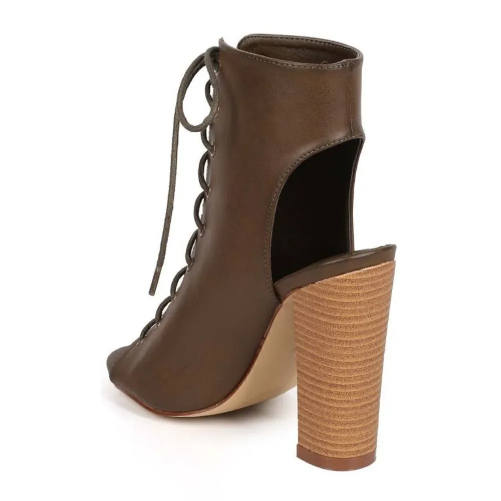 Liliana Sage-11 Vegan Leather Peep Toe Lace Up Chunky Cutout Heel Bootie Olive